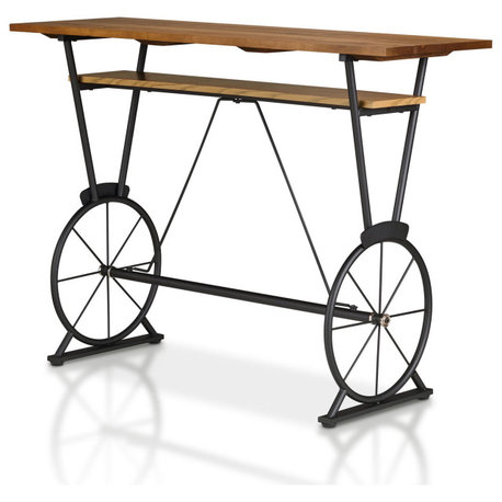 Industrial Bistro Bar Table With Wheel Style Legs and Wooden Top With Shelf