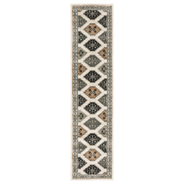 2' X 8' Abstract Ivory And Gray Geometric Indoor Runner Rug