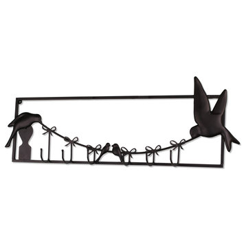 Birds and Bows Rustic Brown Metal Wall Sculpture with Hooks
