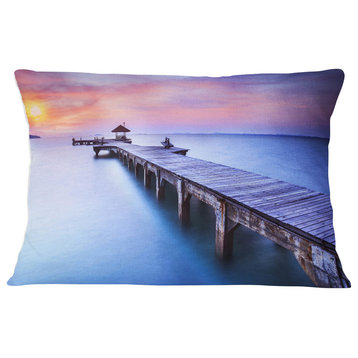 Purple Seas and Long Wooden Pier Pier Seascape Throw Pillow, 12"x20"