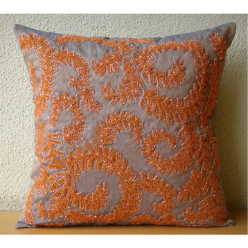 Orange Art Silk 16"x16" Beaded Garden Rail Pillows Cover, Orange Whirlwind
