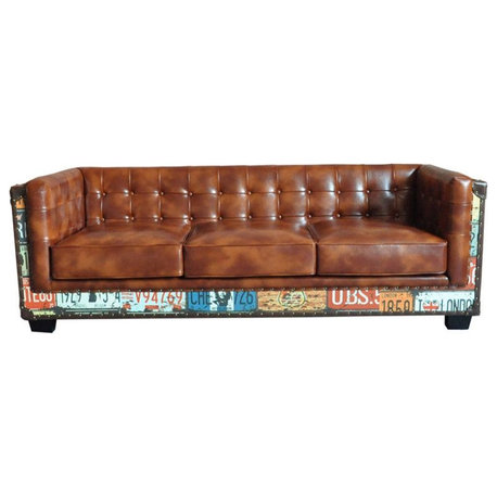 Vintage Industrial Loft 3-Seater Sofa Tufted Brown Faux Leather Upholstered Sofa