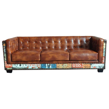 Vintage Industrial Loft 3-Seater Sofa, Tufted Brown Faux Leather Upholstered