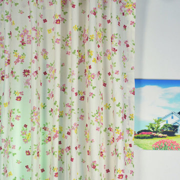 Colorful Floral Back Tab Printed Cotton Curtain Heading Carmine Red Color