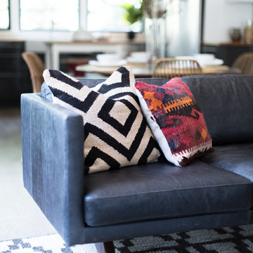 H & M Kilim Pillow, Vintage Kilim Red and Orange Pillow on Licorice Leather Sofa