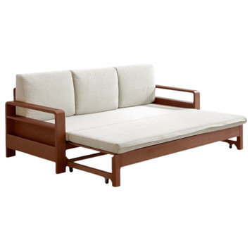 Solid Wood Sleeper Sofa, Oak Walnut-Off-White Storage Sofa Bed Coir Cushion 83.5x31.1-55.7x26.8"