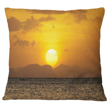 Yellow Sunset And Brown Ocean Seashore Throw Pillow, 18"x18"