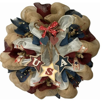 Dangling USA Stars Patriotic Wreath Handmade Deco Mesh