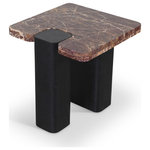 Meridian Furniture - Ravenna Marble and Oak Wood Table, Burgundy, Black, End Table - A bold fusion of rich materials, the Ravenna burgundy genuine marble top and black oak wood base end table showcases burgundy red cherry-colored marble with striking veining. Its handcrafted marble surface is beautifully balanced by a black finish oak wood base, blending warmth with architectural form. Rooted in Art Deco influence, this statement piece is designed to elevate any space with sculptural elegance.