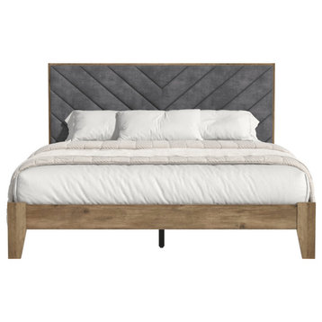 PVTcus with Velvet Wood Frame Upholstered Queen Platform Bed with Headboard, Knotty Oak With Velvet Gray