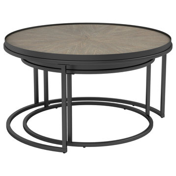 Benzara BM242065 2 Piece Nesting Table With Elm Wood Top, Gray