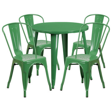30'' Round Green Metal Indoor-Outdoor Table Set With 4 Cafe Chairs