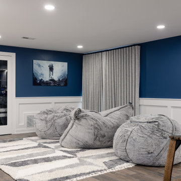 Basement – Modern Media Lounge – Deep Navy Walls & Bean Bags