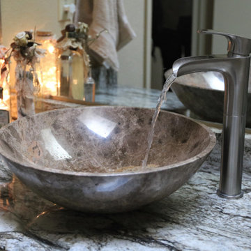 Guest Bathr Remodel with Granite Countertops and Wood Plank Flooring