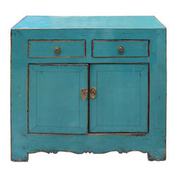 Chinese Distressed Rustic Aqua Blue Foyer Console Table Cabinet - Console Tables