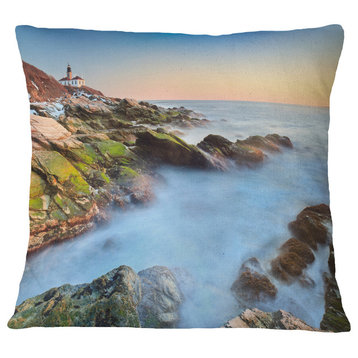 Beavertail Lighthouse During Winter Beach Photo Throw Pillow, 18"x18"