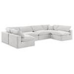 Meridian Furniture - Comfy Upholstered U-Shaped Modular Sectional, Cream, 6-Piece: 4 Armless Chair, 2 Corner Chair, Velvet - Give your space a whole new look with this cream Comfy velvet sectional. This handsome sectional fits nicely with other items in the Comfy collection and is a versatile seating option designed for adaptability, comfort and style. Wrapped in rich cream durable velvet upholstery, this sectional offers a plush embrace of overstuffed down feather cushions, carefully crafted to deliver the highest level of comfort. The perfect seat for creating an oasis for relaxation, this sectional has thick foam surrounding its frame for added support and coziness.