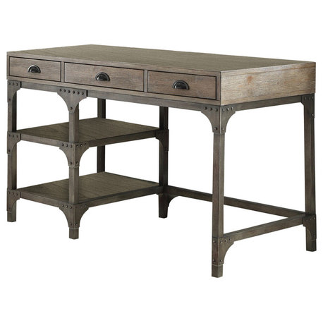 ACME Gorden 3-Drawer Wooden Writing Desk in Weathered Oak and Antique Silver