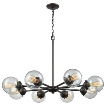 Round Globe Eight Light Chandelier Exposed Bulbs and Clear Glass - Chandelier