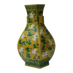 Chinese Distressed Yellow Base White Crane Paint Graphic Porcelain Vase - Vases