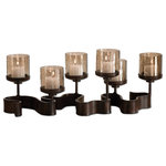 Uttermost - Uttermost Robinson Candleholder - Add a warm glow to your room with the Robinson Candleholder. This warm bronze design brings texture, charm and form to your upgraded design.  Antiqued bronze metal with copper brown glass   Distressed beige candle included