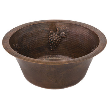 16" Round Copper Bar Sink With Grapes and 2" Drain Opening