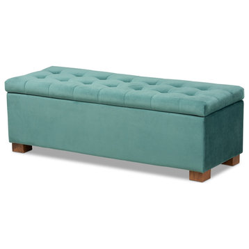 Modern Teal Blue Velvet Fabric Upholstered Grid-Tufted Storage Ottoman Bench