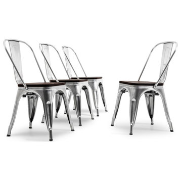 Wood Seat Metal Dining Chairs, Set of 4, Gunmetal