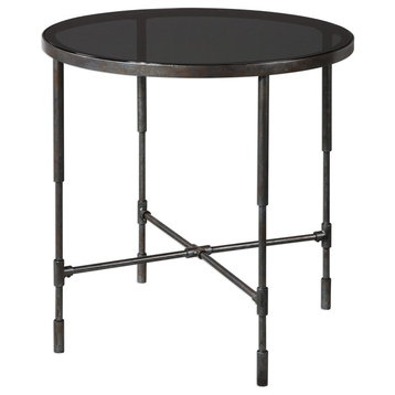 Industrial Minimalist Rustic Metal Accent Table Round Pipe Fitting Retro Glass