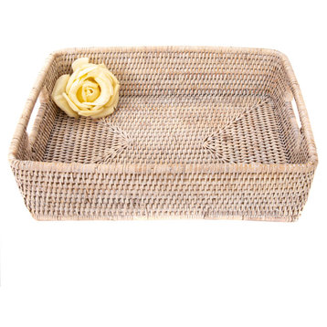 Artifacts Rattan Rectangular Storage Basket With Rounded Corners, White Wash