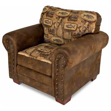 Unique Accent Chair, Microfiber Upholstered Seat With Fishing Motif, Brown