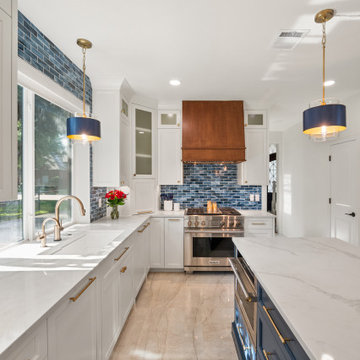 Kitchen Cooking Zone and Aisle Between Navy Island and White Perimeter Counters