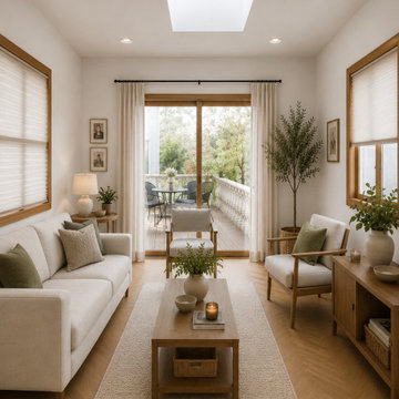 Warm Transitional Living Room with Herringbone Floors