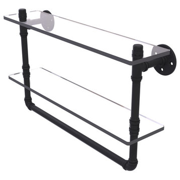 Pipeline Doulbe Glass Shelf with Towel Bar, Matte Black, 22"