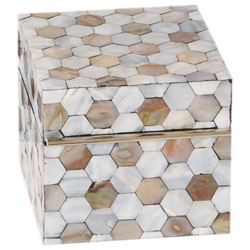 Luxe Mother of Pearl Inlaid Decorative Box  Square 5" Hexagon Honeycomb Shell
