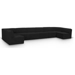 Meridian Furniture - Ollie Black Boucle Fabric U-Shaped Modular Sectional, Black, 8-Piece: 6 Armless Chair, 2 Corner Chair - Meet the epitome of style and functionality with this Ollie boucle fabric living room sectional, part of the Ollie modular collection. A contemporary marvel, this sectional features chic and inviting rich black boucle fabric upholstery, giving it a sumptuous texture that oozes elegance and luxury. Curved corners add to the visual look of the sectional while maximizing seating comfort while lounging, reading, or entertaining. Pair it with other items in the Ollie collection easily, thanks to an attachment latch underneath.