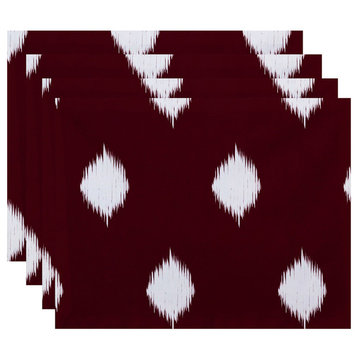 Hol-I-Kat, Holiday Ikat Print Placement, Cranberry And Burgundy, Set of 4