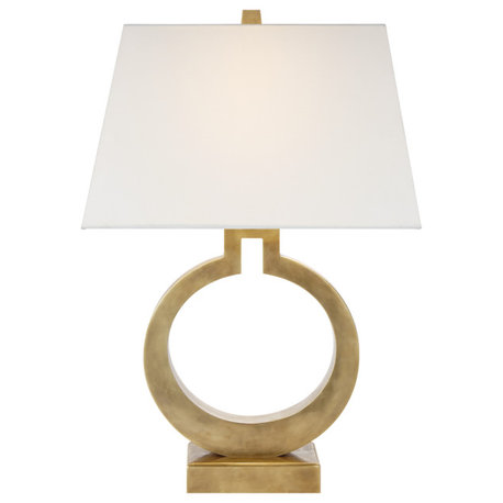 Ring Form Large Table Lamp in Antique-Burnished Brass with Linen Shade