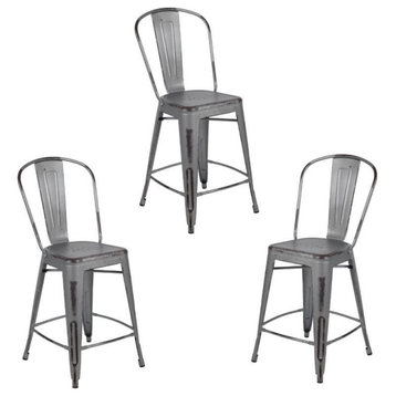 Home Square 3 Piece Metal Slat Back Counter Stool Set in Distressed Silver Gray