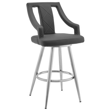 Maxen 26" Gray Faux Leather and Brushed Stainless Steel Swivel Bar Stool