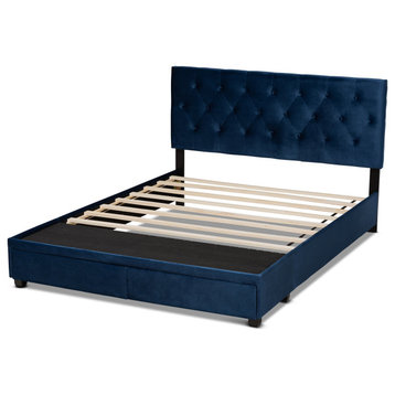 Queen Platform Bed, Button Tufted Velvet Headboard & Storage Drawers, Navy Blue