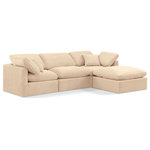 Meridian Furniture - Indulge Upholstered Modular L-Shaped Sectional, Beige, 4-Piece: 1 Armless Chair, 2 Corner Chair, 1 Ottoman, Down Stuffed Velvet - Experience ultimate comfort and style with our beige velvet Indulge Sectional. The luxurious velvet will elevate the aesthetic of any room. This sofa provides ample space for you to relax while its modular build offers the option of unlimited configurations. Whether you're looking to add a stylish element to your living room or a comfortable seating option to your bedroom, this sofa is the perfect choice.