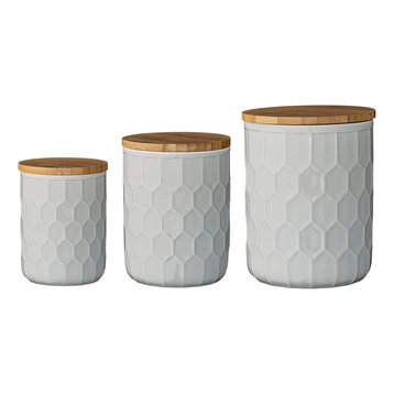 White Stoneware Canisters With Bamboo Lids, 3-Piece Set