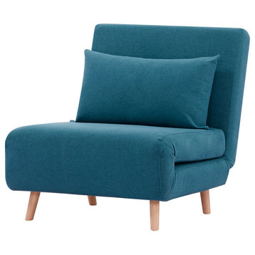 Futon Chair, Pine Frame and Cushioned Seat With Matching Pillow, Peacock Blue