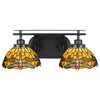 Odyssey 2 Light Bath Bar In Matte Black Finish With 7" Amber Dragonfly Art Glass