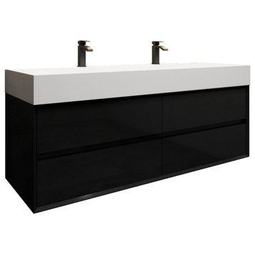 MAX 60" Double Floating Bath Vanity With Acrylic Sink, Gloss Black