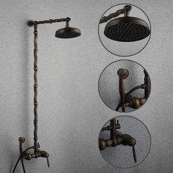 Antique Brass Single Handle Three Holes Wall Mount Rainfall + Handheld Shower Fa - Tub And Shower Faucet Sets