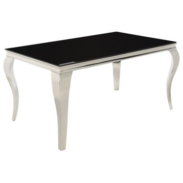 Benzara BM242098 Dining Table With Glass Top and Metal Legs, Black and Chrome