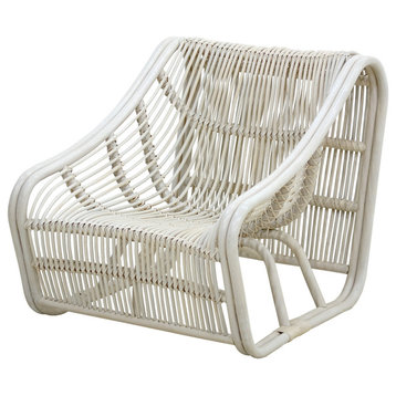 Benzara BM285079 32" Accent Chair Woven Wicker, Curved Back, Sleigh Base, White