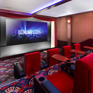 Inspiration for a classic enclosed home cinema in Wichita with multi-coloured walls, carpet, a projector screen and multi-coloured floors.
